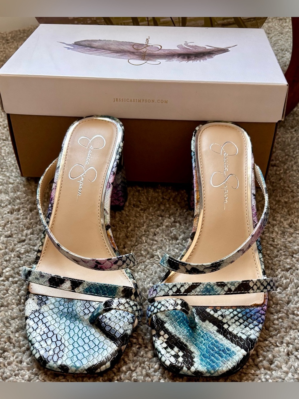 Jessica Simpson Blue Black White Multicolor Snake-Print Slide Heels